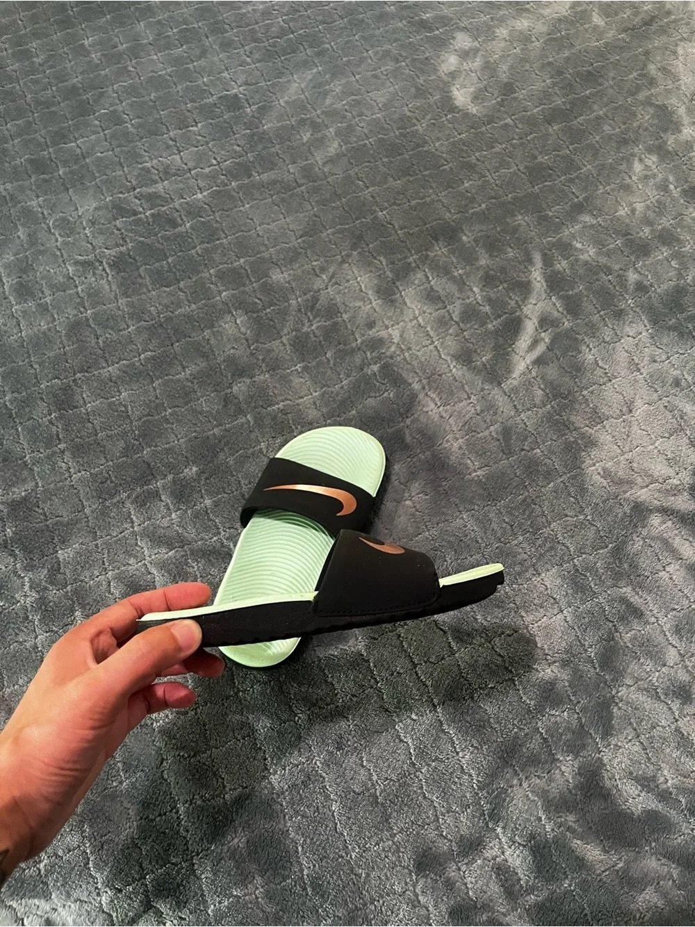 Nike Mint Green Footbed Slides with Black Strap and Rose Gold Swoosh